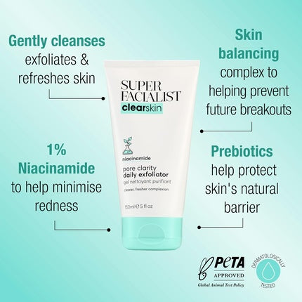 Gel Exfoliant Facial, Super Facialist Clearskin, cu Niacinamidă și Ulei de Ceai, 150ml