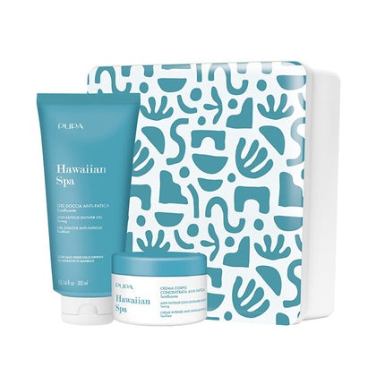 Set Cadou Pupa Milano Hawaiian Spa Kit, Gel de Duș 300 ml, Cremă Corporală 150 ml, Design Albastru cu Motive Tropica