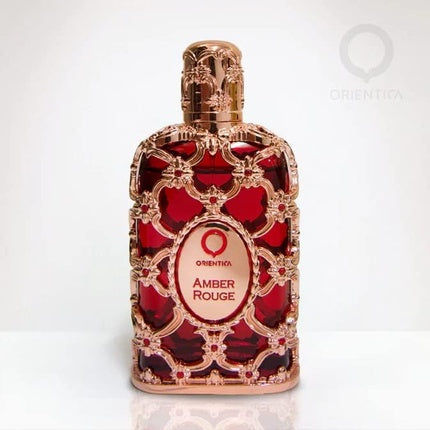 Orientica Amber Rouge Parfum, 50ml, ambalaj roșu, design rețea aurie