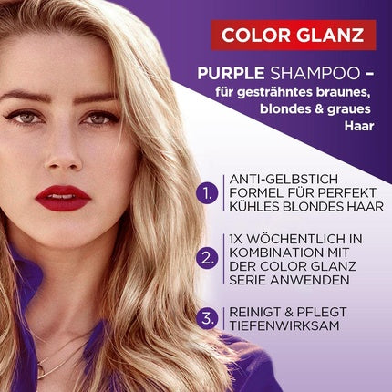 Șampon L'Oréal Paris Elvital Color Glanz, Argintiu, pentru Păr Blond și Grizonant, Neutralizează Nuanțele Galbene, 400 ml