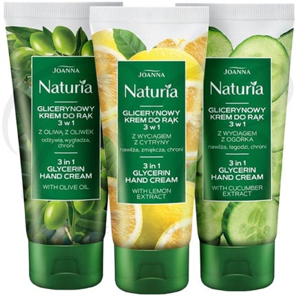 Cremă pentru mâini Joanna Natura, 3 în 1, cu glicerină, ulei de măsline și extracte de lămâie și castravete, 100g