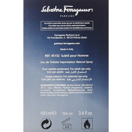 Parfum Eau De Toilette, Salvatore Ferragamo, Subtil Pour Homme, 100ml