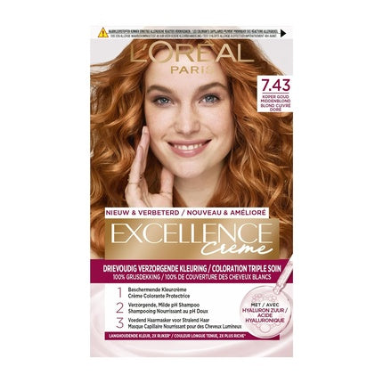 Vopsea de păr, L'Oréal Paris, Excellence No.7.43, Blond auriu cupru