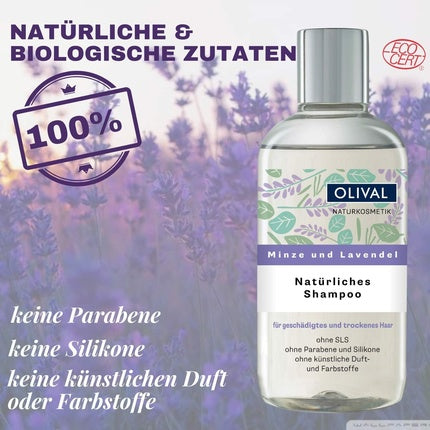 Șampon Natural Mint Lavender, 250ml, sticlă transparentă cu capac argintiu
