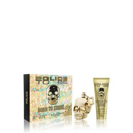 Parfum Bărbați, Police To Be Born Shine, Set cadou 75ml EDT + 100ml Gel de duș, Design cap de mort auriu