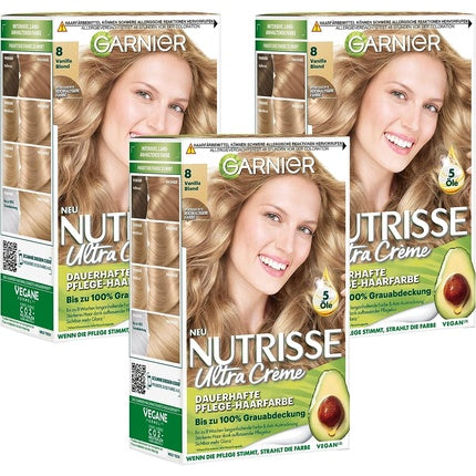 Vopsea de păr permanentă Garnier Nutrisse Amber Blonde 9.34, cu uleiuri hrănitoare, ambalaj 3 buc