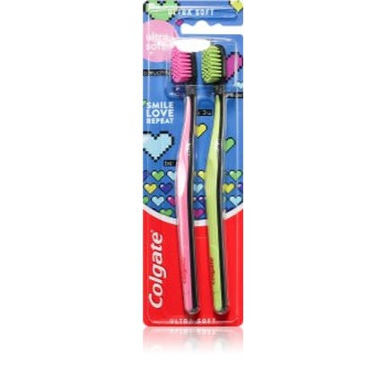 Periuță de dinți manuală Colgate Duo Love, set 2 bucăți, roz și verde