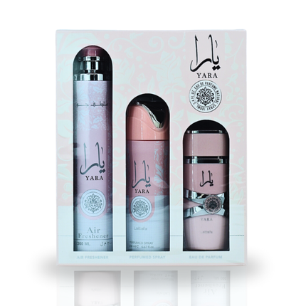 Set Parfum Lattafa Yara, Eau de Parfum 100ml + Perfumed Spray 200ml + Air Freshener 300ml, Culoare roz