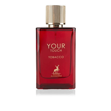 Eau De Parfum Alhambra Your Touch Tobacco, sticlă roșie, capac auriu, 100 ml