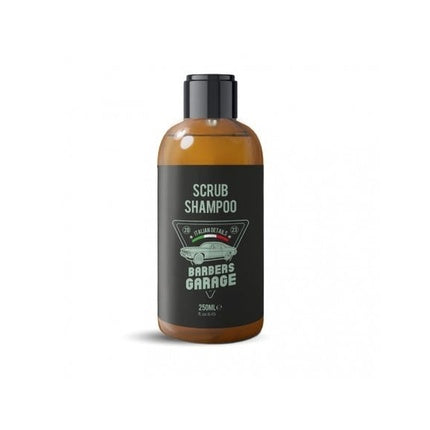 Șampon exfoliant Barbers Garage Scrub Shampoo, 250 ml, sticlă maro cu capac negru