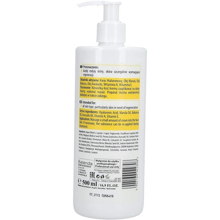 Cremă față masaj, Bielenda Professional, cu acid hialuronic și ulei de marula, 500ml