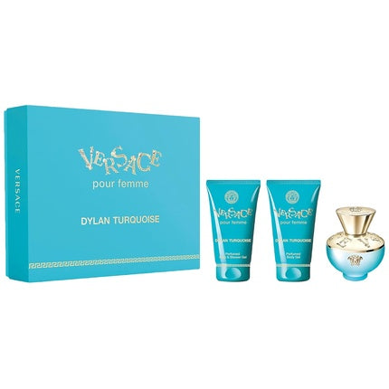 Set Cadou Parfum Versace Dylan Turquoise EDT 50ml + Gel Duș 50ml + Gel Corp 50ml, Culoare Turcoaz