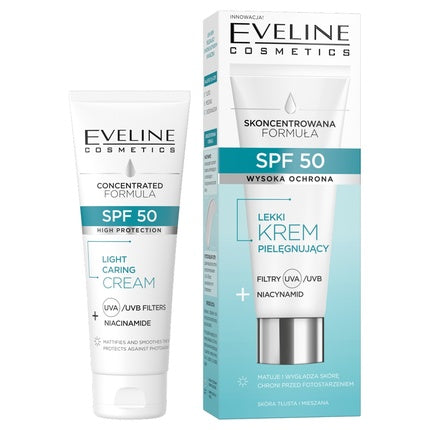 Crema Zilnică Eveline Cosmetics Lekki Moisturizing Cream SPF50, Niacinamidă pentru Piele Grasă și Mixtă, 30ml