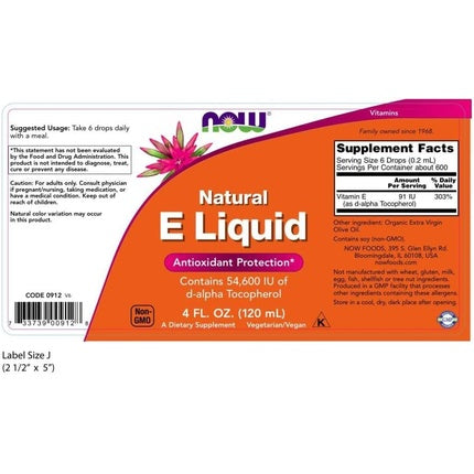 Supliment Vitamină E, Now Foods, Lichid Natural, Antioxidant, 120 ml