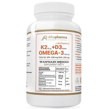 Suplement Vitaminic, Altopharma, K2 MK-7 + D3 2000 IU + E + Omega-3, 90 Capsule