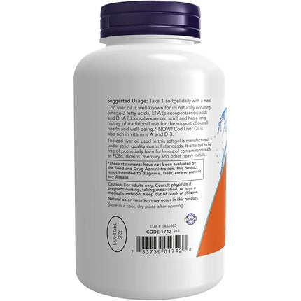 SUPLIMENT ALIMENTAR NOW Foods Cod Liver Oil 650mg Vitamine A D3 250 Softgels