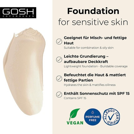 Fundație GOSH cu SPF 15, Vegan, pentru Piele Uscată și Sensibilă - 002Y
