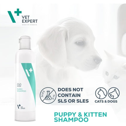 Șampon pentru animale, Vetexpert, Puppy & Kitten Gentle Care, cu Allantoină, Panthenol, Aloe, Lanolin, Proteine din ovăz, 250ml