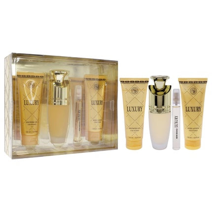 Set Cadou Parfum Lux, New Brand, 4 piese, EDP Spray 100ml + Gel de Duș 125ml, Auriu
