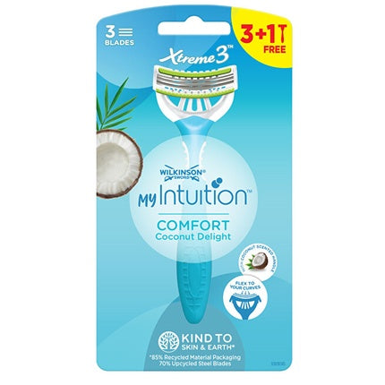 Rasor Descartabil Wilkinson Sword My Intuition Comfort Coconut Delight, 3 Lamă + 1 Gratis, Albastru