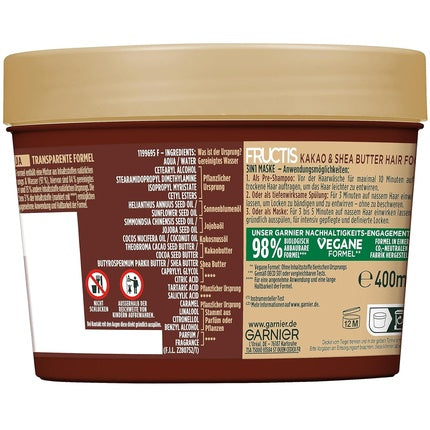 Masca de păr Garnier Fructis Cocoa Butter, 400ml, pentru păr uscat și creț, cu unt de cacao, ambalaj maro