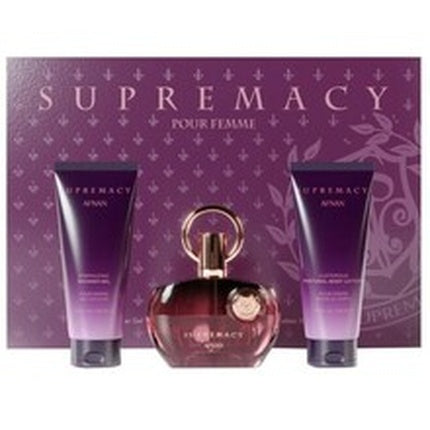 Set Parfum Afnan Supremacy Pour Femme, EDP 100 ml, Gel de duș 100 ml, Cremă de corp 100 ml, Ambalaj mov