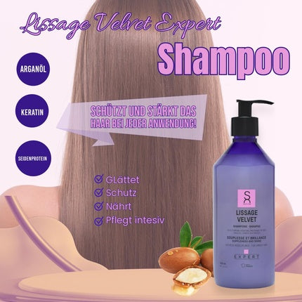 Șampon Expert Lissage Velvet cu ulei de argan, keratină și proteine de mătase, 446 g