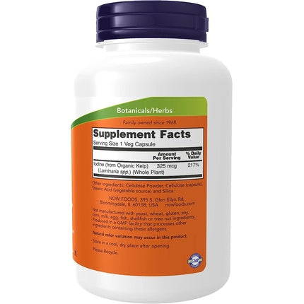 Supliment Nutrițional NOW Foods Kelp 325mcg Iod Natural 250 Capsule Vegane
