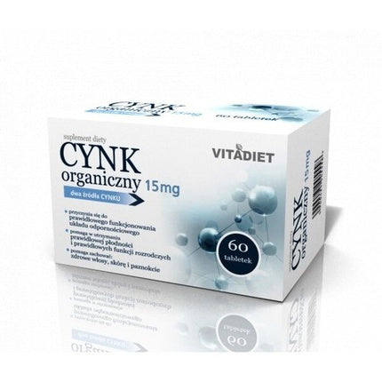 Supliment Cink Organic Vitadiet, Bio-Zinc 15mg, Ambalaj Alb și Albastru