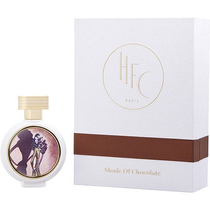 Eau de Parfum, Haute Fragrance Company, Shade Of Chocolate, ambalaj alb cu bandă maro, sticlă rotundă