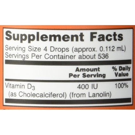 Supliment Nutrițional, Now Foods, Vitamina D3 Lichidă, 400 IU, 60 ml