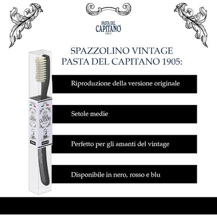 Periuță de dinți Vintage Pasta Del Capitano 1905, setole medii, negru