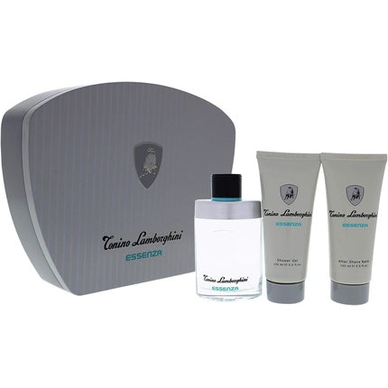 Tonino Lamborghini Essenza Gift Set pentru bărbați, set cadou, parfum 125ml + gel de duș 150ml + balsam postbărbierit 150ml, ambalaj metalic argintiu