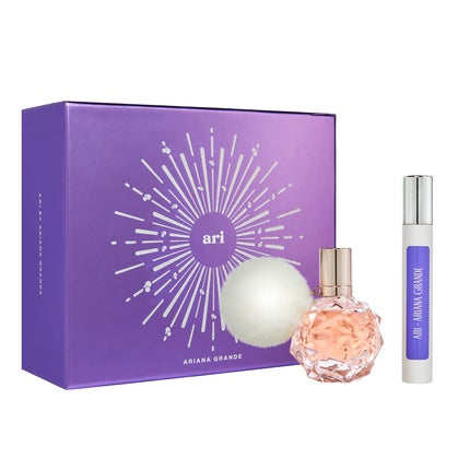 Set Cadou Ari Eau De Parfum, Ariana Grande, 30ml și 10ml, sticlă în formă de mingi roz, cutie mov
