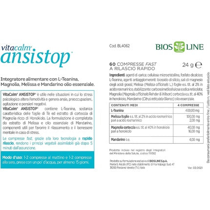 Supliment Bios Line Vitacalm Ansistop, 60 comprimate, alb