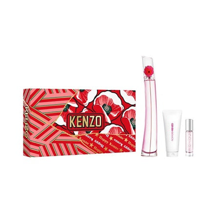 Set Parfum Kenzo Flower Poppy, 100 ml + Loțiune 75 ml + Refill 10 ml, Cutie roșie cu imprimeu floare