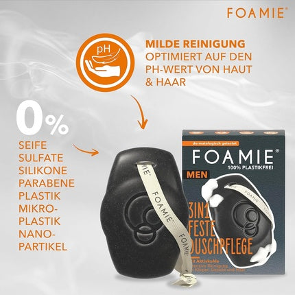 Gel de duș solid Foamie, What A Man, Cărbune activat, 90g, Negru