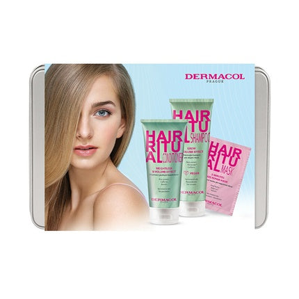 Set Cadou Hair Ritual Volum, Dermacol, Șampon + Condiționer + Mască, Ambalaj metalic verde și roz