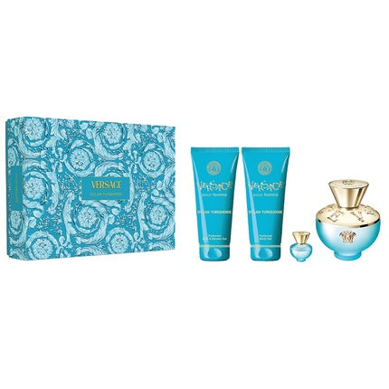 Set Cadou Versace Dylan Turquoise Pour Femme, Eau de Toilette 100ml, Loțiune Corp 100ml, Gel de Duș 100ml, Miniatură 5ml