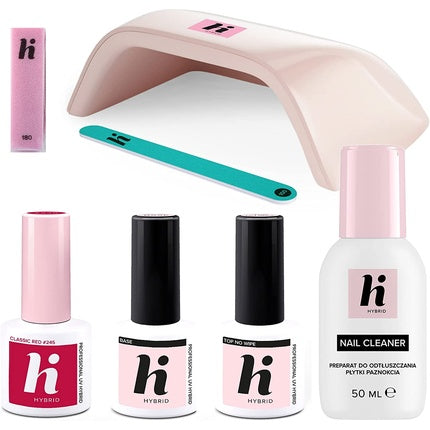 Set unghii Hi Hybrid model Ultimate, lampa UV LED 24W, ojă gel roșu clasic
