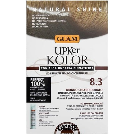 Tinctură de păr permanentă, Guam Upker Kolor 8.3 Blond Chiaro Dorato, Acoperire perfectă 100% pentru firele albe