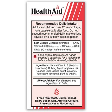 Vitamine, HealthAid, Vitamin E 600iu, capsule