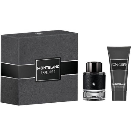 Set Parfum Montblanc Explorer, cutie cadou neagră, sticlă transparentă cu dop negru