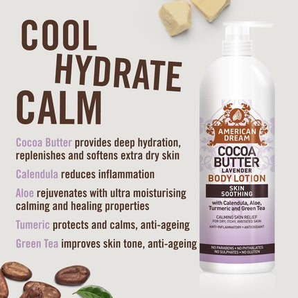 Loțiune de corp cu unt de cacao American Dream, Lavender, 16oz (500g), ambalaj alb cu pompă, formulă calmantă