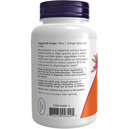 Supliment Alimentar NOW Supplements Beta Carotene 25,000 IU 180 Softgels