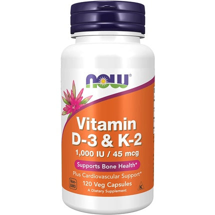 Suplimente Vitamine D3 și K2, Now Foods, 120 Capsule Vegetale, Suport Cardiovascular și Sănătatea Oaselor
