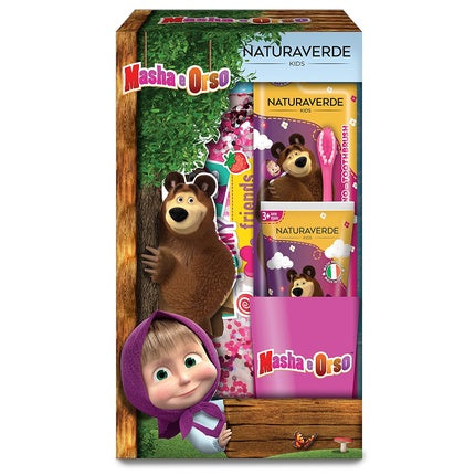 Set îngrijire dentară Naturaverde Kids Masha & Bear cu periuță de dinți și pastă de dinți căpșuni