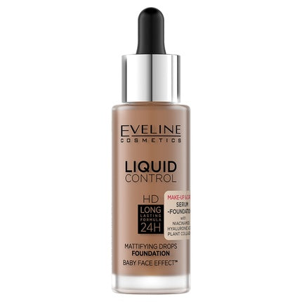 Fond de ten lichid Eveline Cosmetics Liquid Control HD Serum Foundation, culoare Toffee, ambalaj sticlă cu dozator, 32 ml