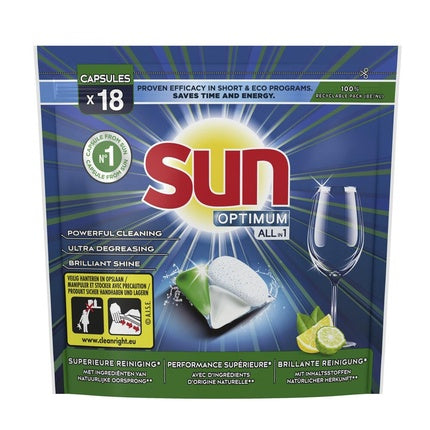 Tablete pentru vase Sun Optimum All-in-1, Citron, x18 bucăți, ambalaj recirculabil