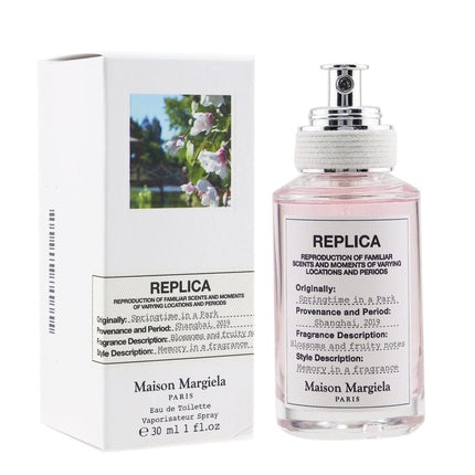 Parfum Replica, Springtime In A Park EDT, sticlă transparentă cu lichid roz, dozator argintiu